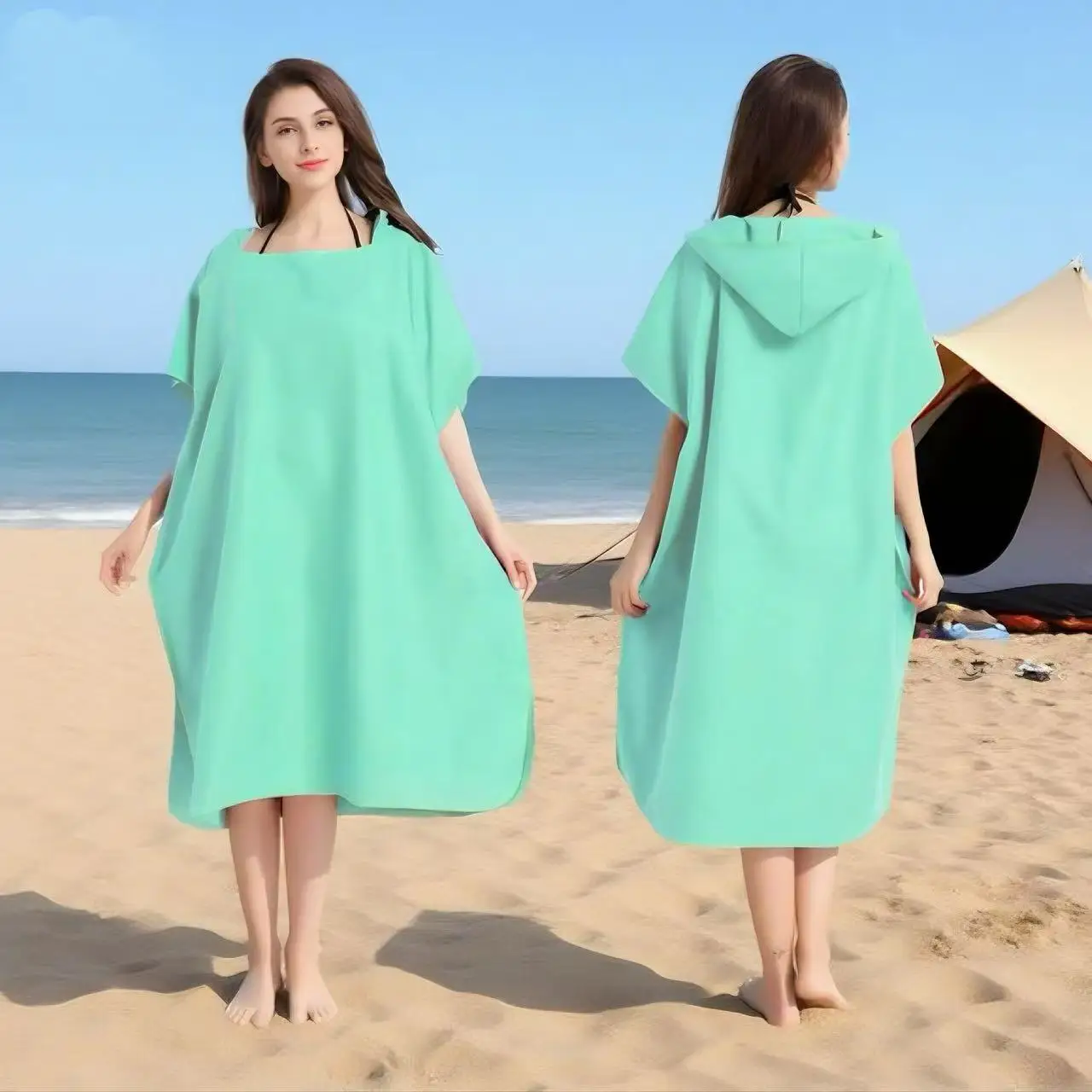 Ręcznik szlafrok z kapturem z mikrofibry kąpiel plaża podróż Jasnozielony