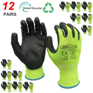 Rękawice robocze PU NMSafety 12 par – EN 388 4131X, fluorescejna, rozmiary S–XXL Fluoresceyna