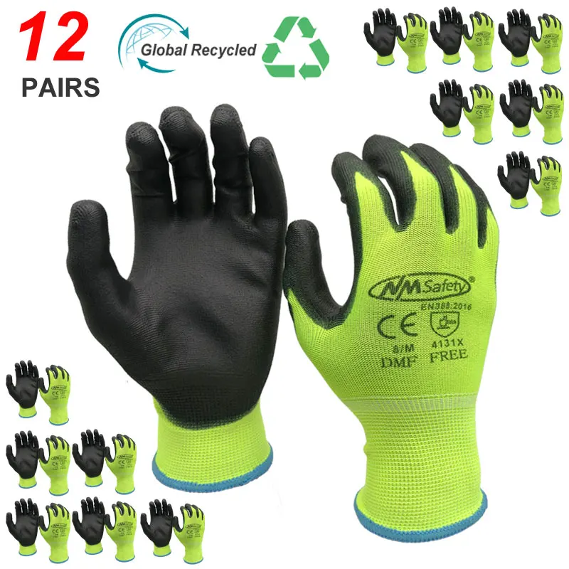 Rękawice robocze PU NMSafety 12 par – EN 388 4131X, fluorescejna, rozmiary S–XXL Fluoresceyna