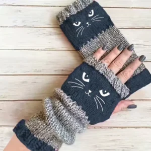 Rękawiczki bez palców z motywem kota – grube dotykowe zimowe unisex Czarny