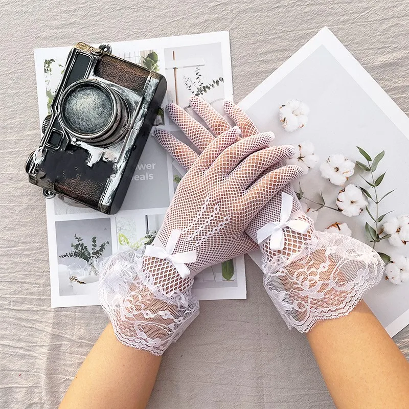 Rękawiczki Lolita koronkowe gotyckie damskie cienkie mitenki Szary