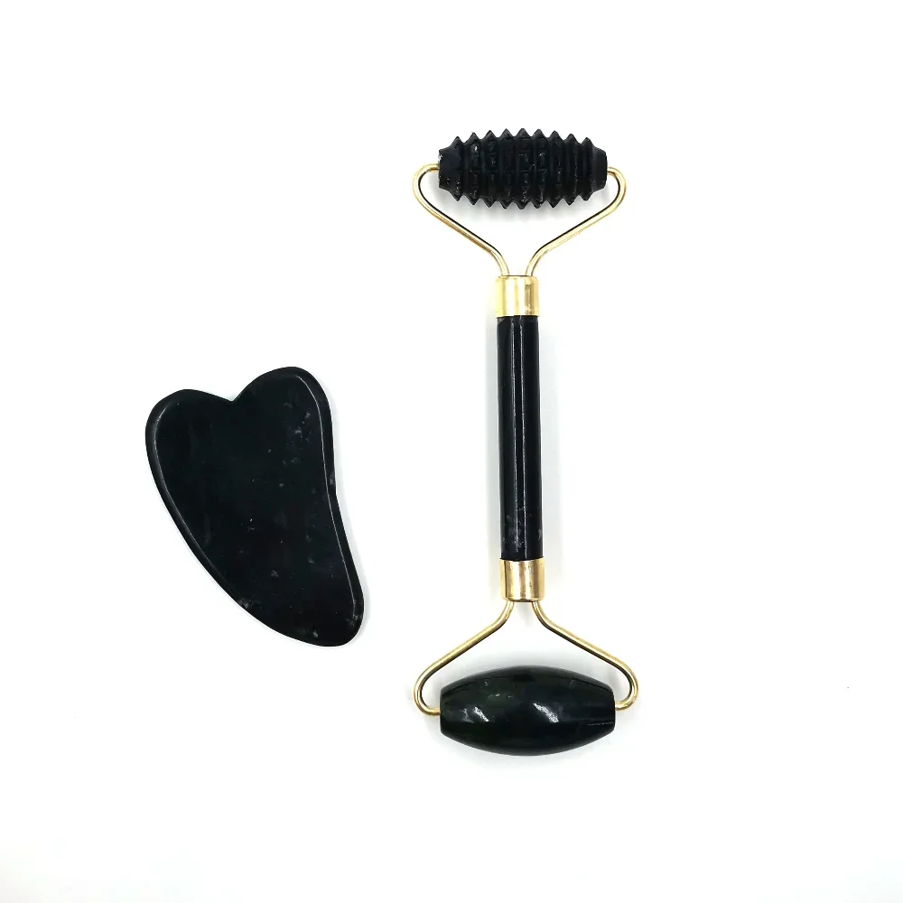 Roller do twarzy z obsydianu z płytką gua sha B set