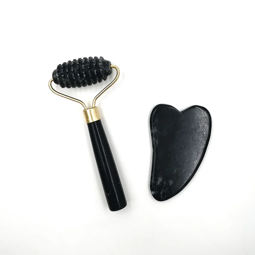Roller do twarzy z obsydianu z płytką gua sha C set