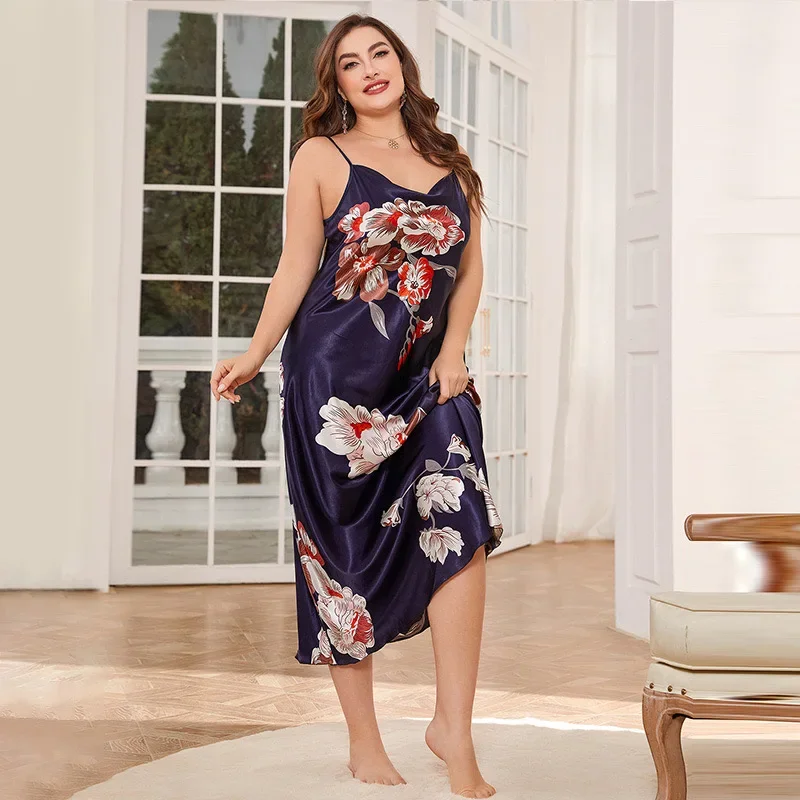 Damska satynowa koszula nocna na ramiączkach plus size Granatowy