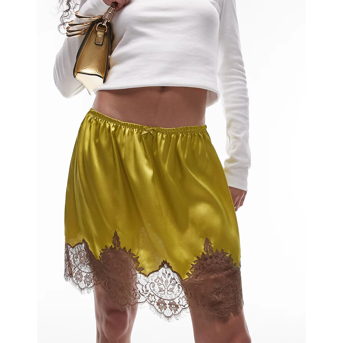 Satynowa mini spódnica z kokardą i koronką Szary