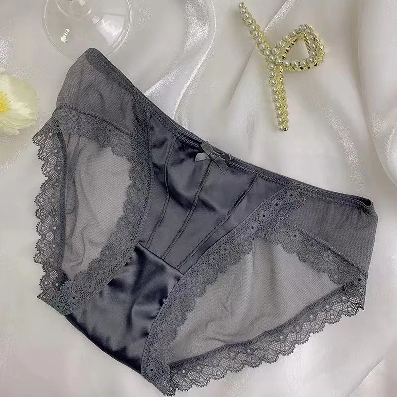 Satynowe figi damskie koronkowe z kokardką – vintage styl Szary