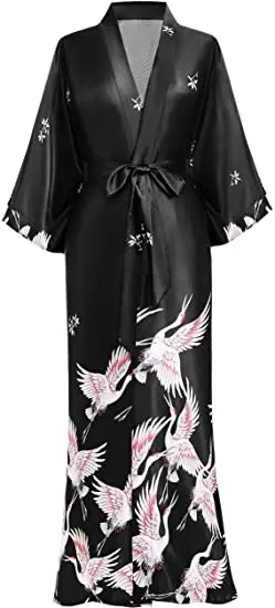 Satynowe kimono szlafrok z motywem żurawia Czarny