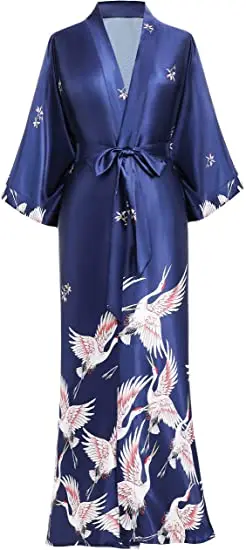 Satynowe kimono szlafrok z motywem żurawia Granatowy