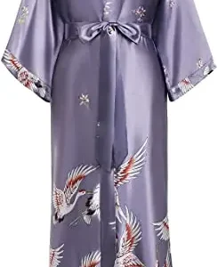 Satynowe kimono szlafrok z motywem żurawia Szary