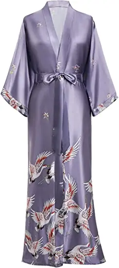 Satynowe kimono szlafrok z motywem żurawia Szary