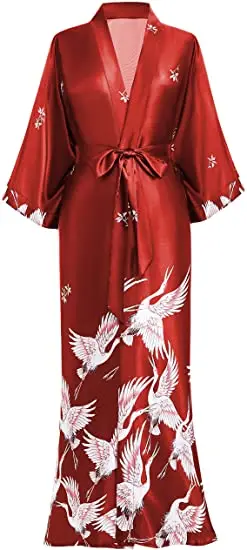 Satynowe kimono szlafrok z motywem żurawia Wino