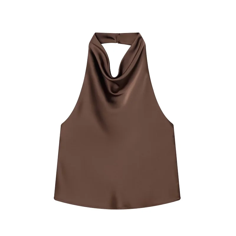 Satynowy top typu halter z odkrytymi plecami Brązowy