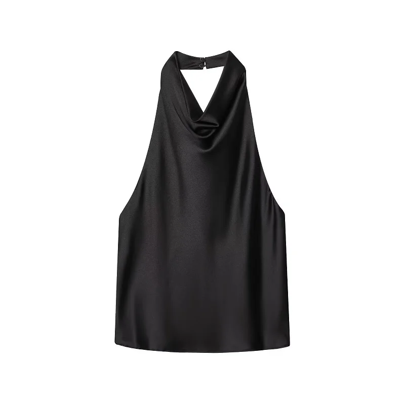 Satynowy top typu halter z odkrytymi plecami Czarny