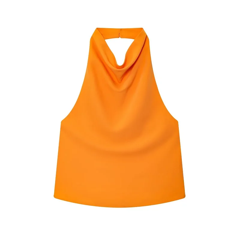 Satynowy top typu halter z odkrytymi plecami Pomarańczowy