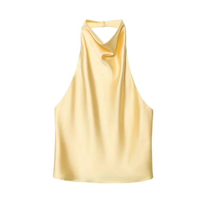 Satynowy top typu halter z odkrytymi plecami żółty