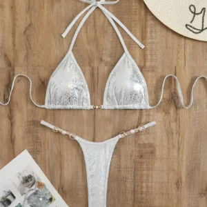 Seksowne bikini z perłową klamrą i wężowym wzorem - strój kąpielowy S9027y