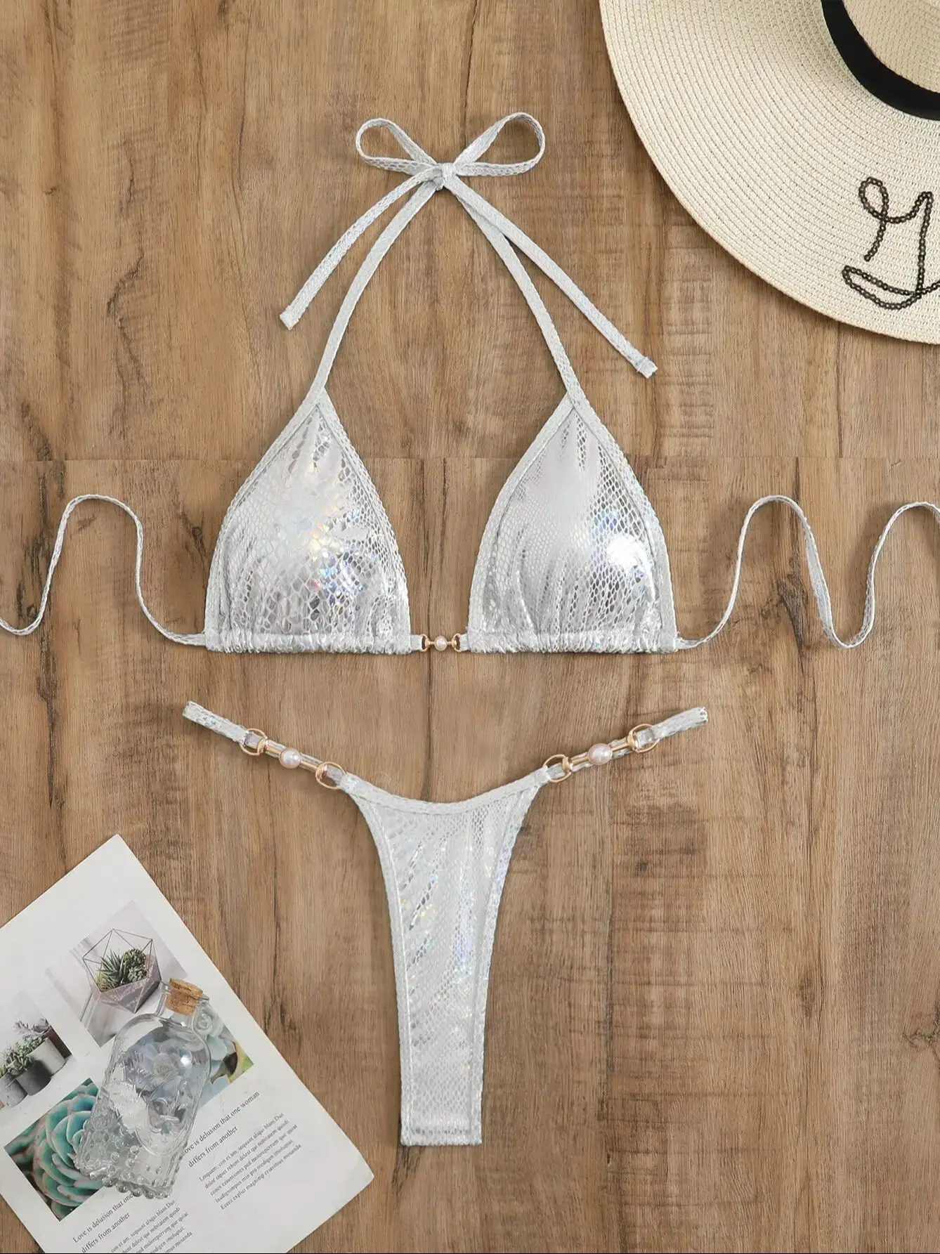 Seksowne bikini z perłową klamrą i wężowym wzorem - strój kąpielowy S9027y