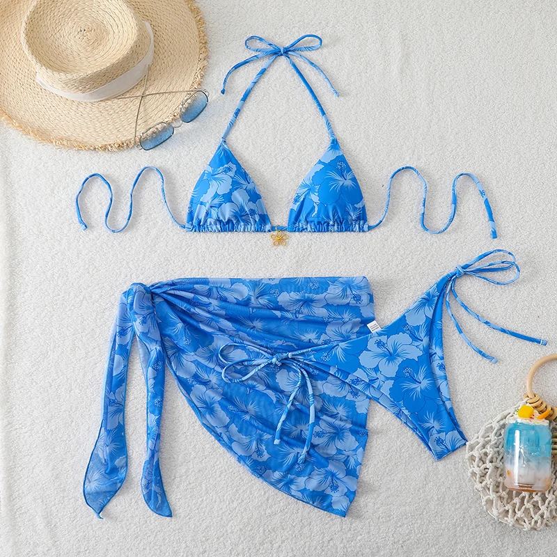 Seksowne mikro bikini 3-częściowe z narzutką - strój kąpielowy Blue3p