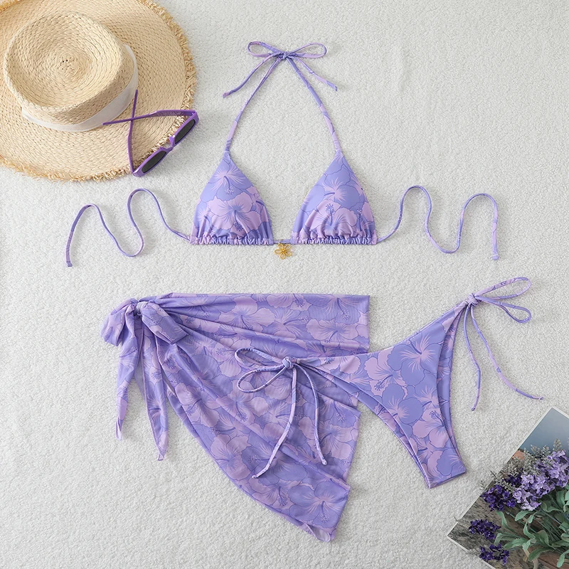 Seksowne mikro bikini 3-częściowe z narzutką - strój kąpielowy Purple3p