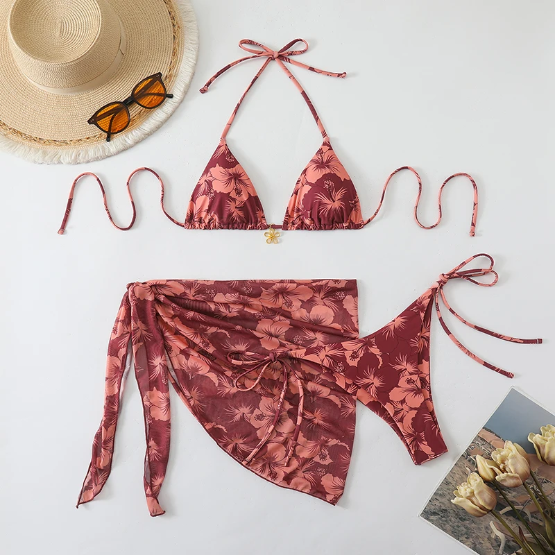 Seksowne mikro bikini 3-częściowe z narzutką - strój kąpielowy Winred3p