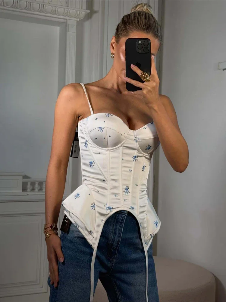 Seksowny top na ramiączkach z fiszbinami – gorsetowy crop top z nadrukiem Niebieski