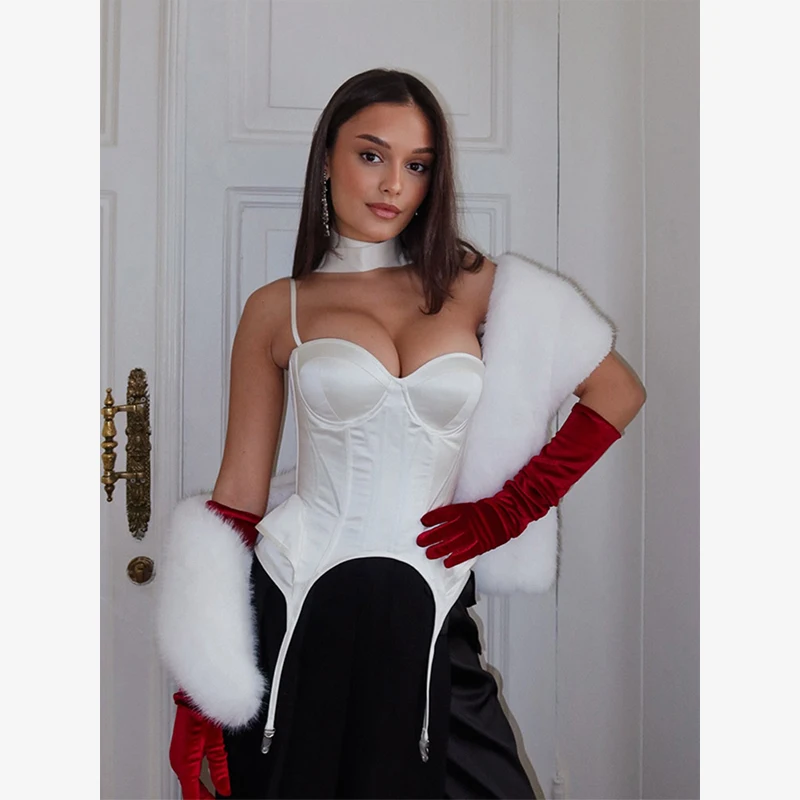 Seksowny top na ramiączkach z fiszbinami - gorsetowy crop top z nadrukiem Biały