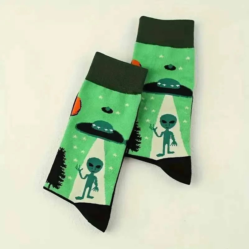Skarpetki asymetryczne z kotem i UFO — unisex bawełniane Niebieski