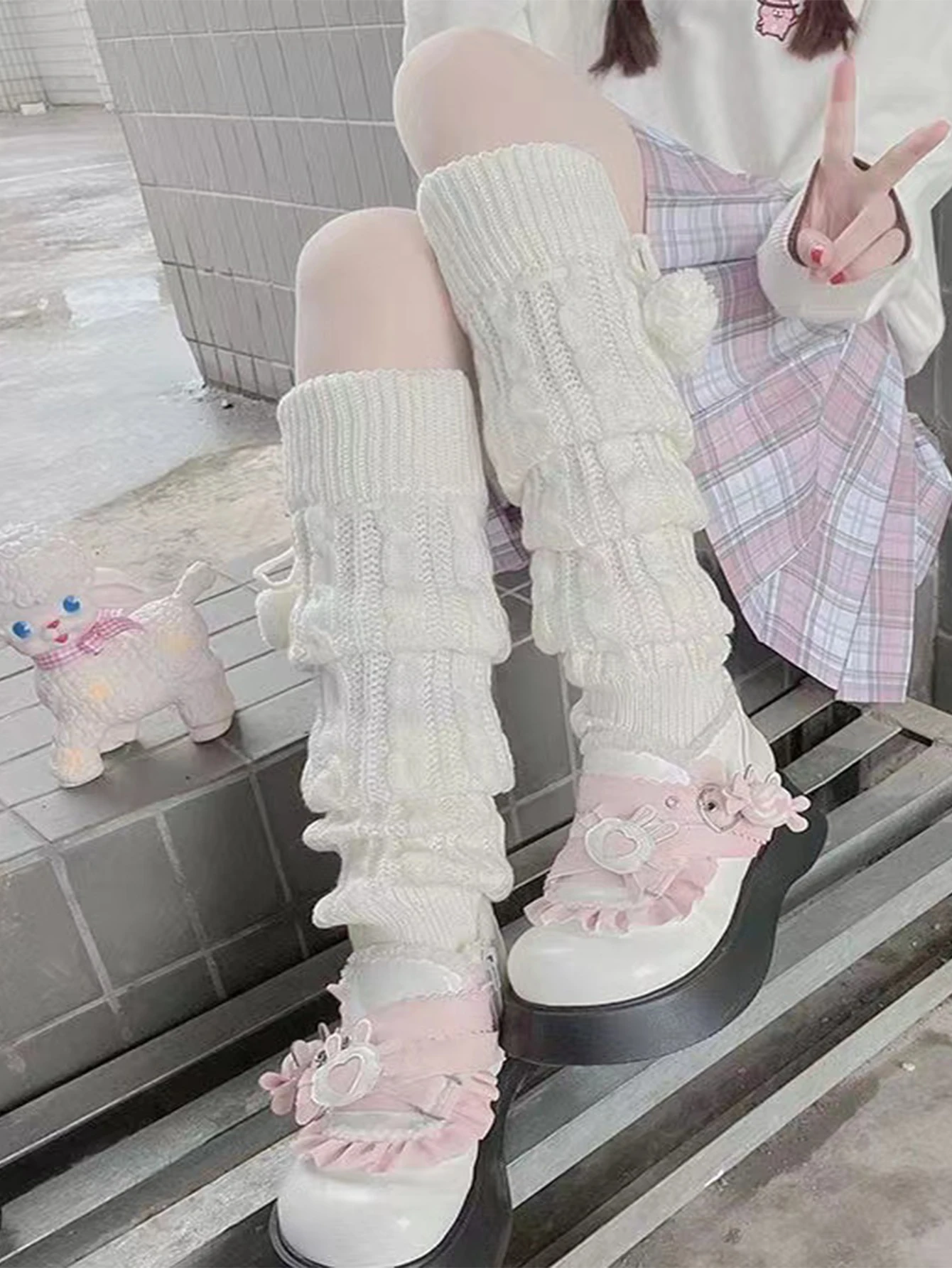 Skarpetki japońskie Harajuku w paski do połowy łydki Beżowy