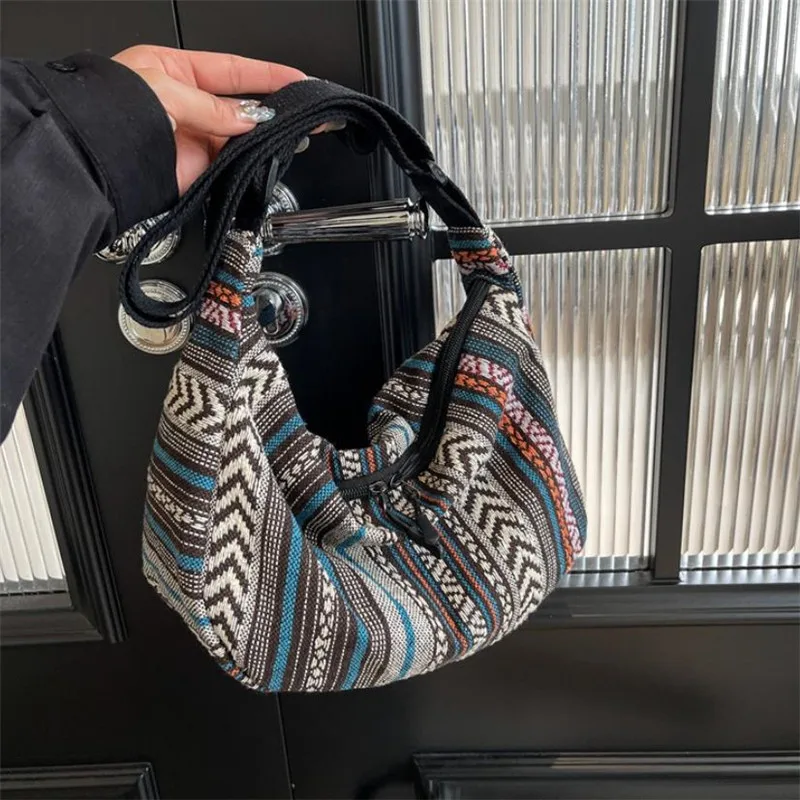Składana torba na ramię w stylu boho w paski Kawa