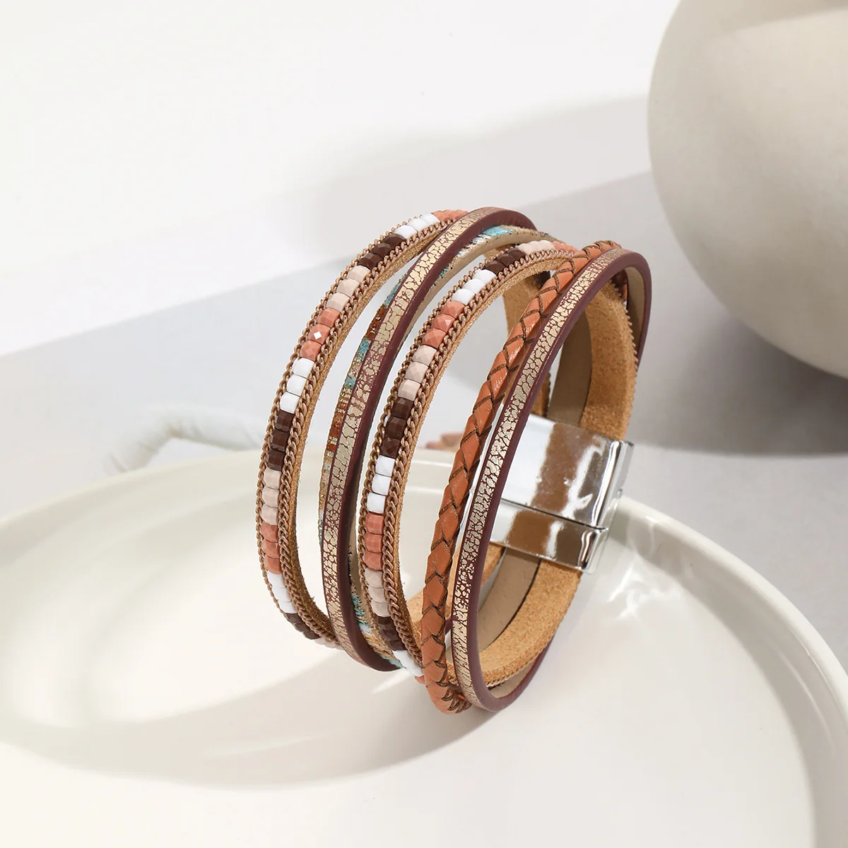 Wielowarstwowa skórzana bransoletka z krzyżem Leather bracelet 12