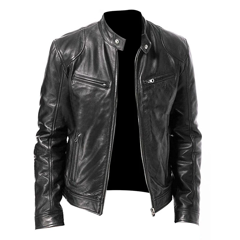 Skórzana kurtka motocyklowa męska z klapami PU Slim Fit Czarny