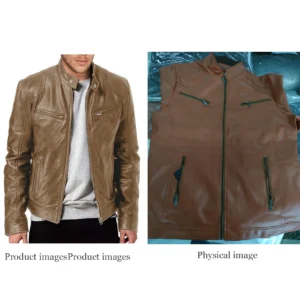 Skórzana kurtka motocyklowa męska z klapami PU Slim Fit Brązowy