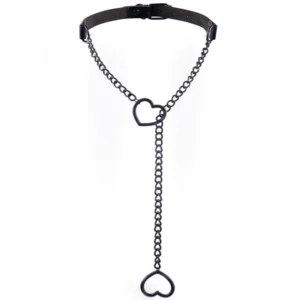 Skórzany choker z łańcuszkiem i sercem w stylu gotyckim Czarny