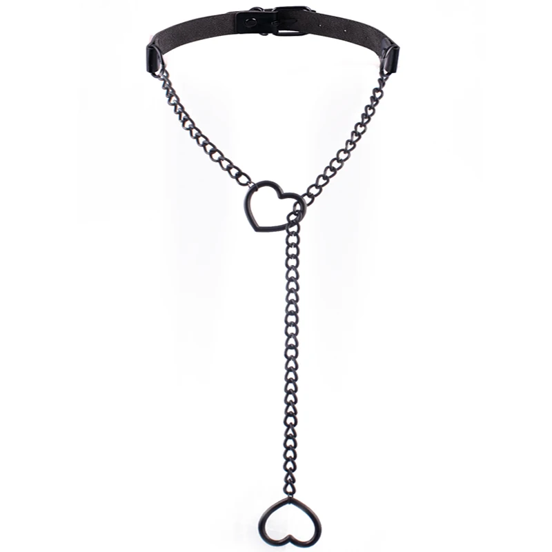 Skórzany choker z łańcuszkiem i sercem w stylu gotyckim Czarny
