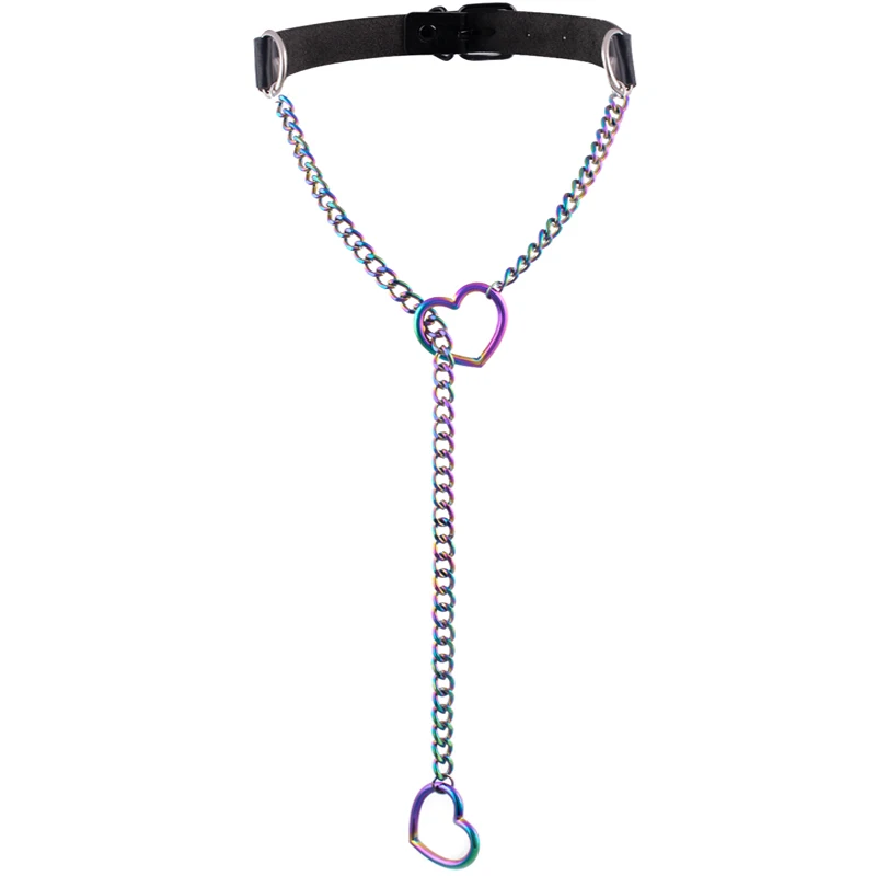 Skórzany choker z łańcuszkiem i sercem w stylu gotyckim Multicolour