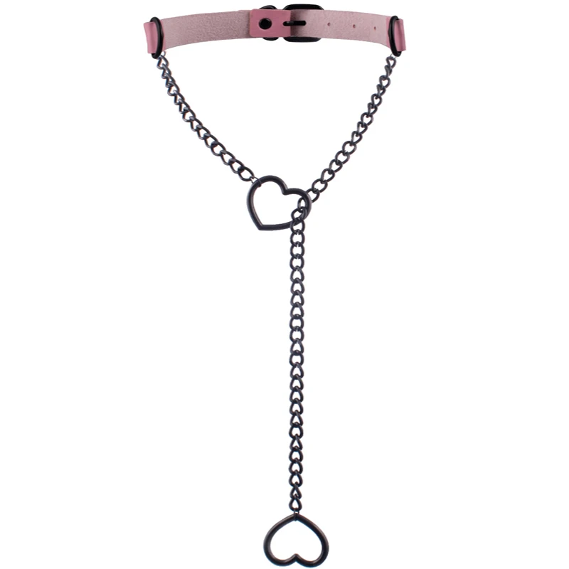Skórzany choker z łańcuszkiem i sercem w stylu gotyckim Różowy