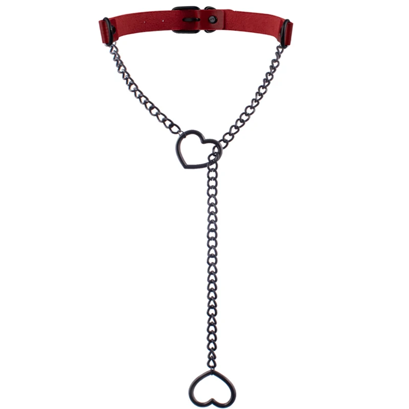 Skórzany choker z łańcuszkiem i sercem w stylu gotyckim Czerwony