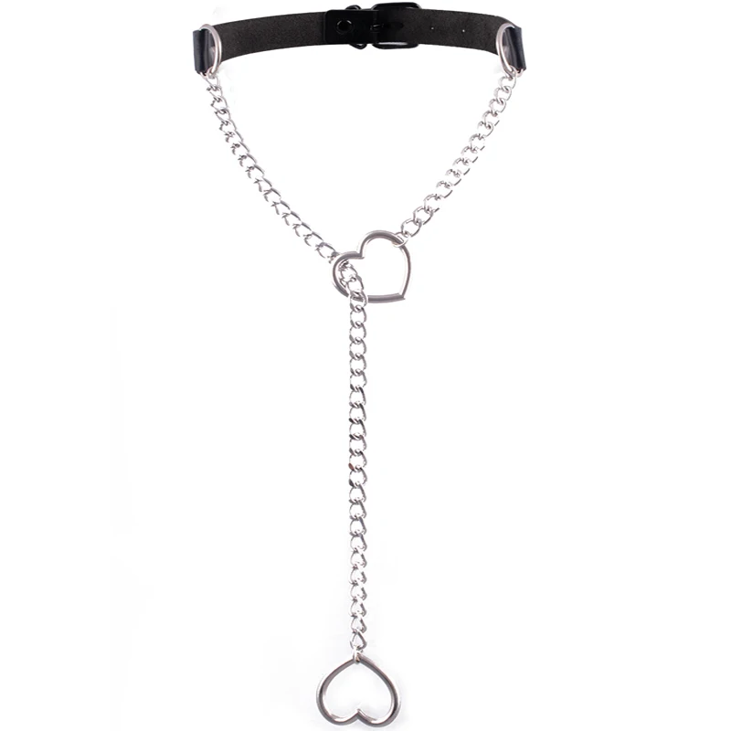 Skórzany choker z łańcuszkiem i sercem w stylu gotyckim Srebrny