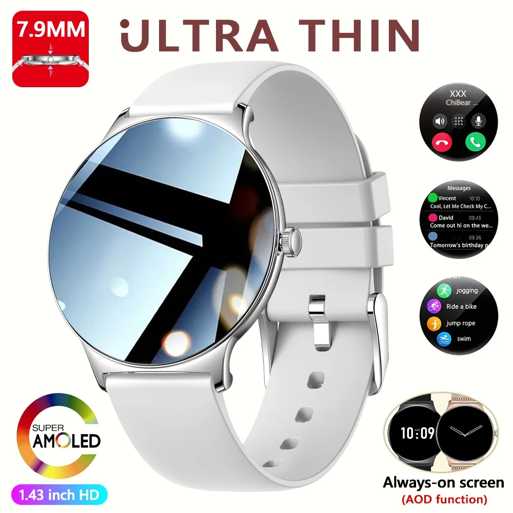 Smartwatch damski ultracienki z ekranem AMOLED i Bluetooth Srebrny