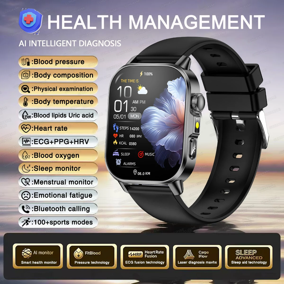Smartwatch damski zdrowotny EKG HRV ciśnienie tleniowanie krwi Biały