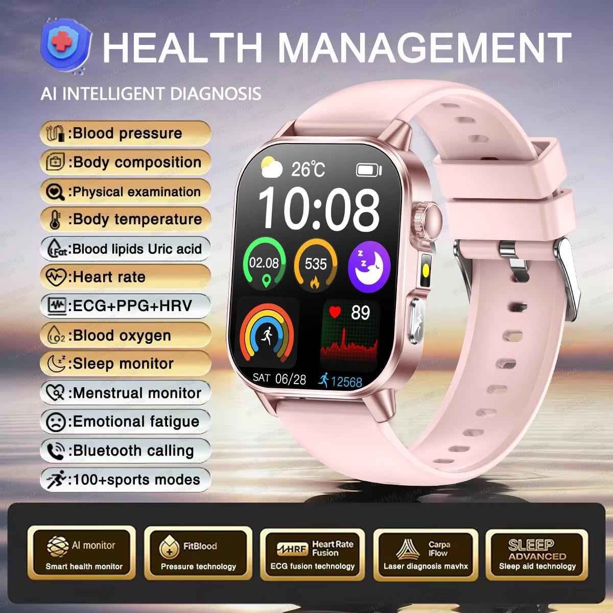 Smartwatch damski zdrowotny EKG HRV ciśnienie tleniowanie krwi Czarny