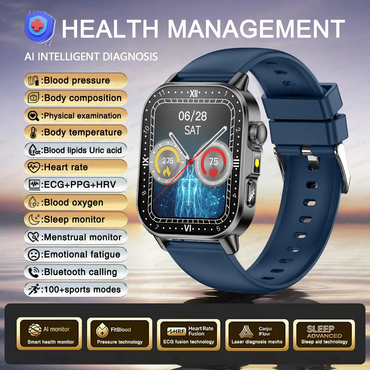 Smartwatch damski zdrowotny EKG HRV ciśnienie tleniowanie krwi Czerwony