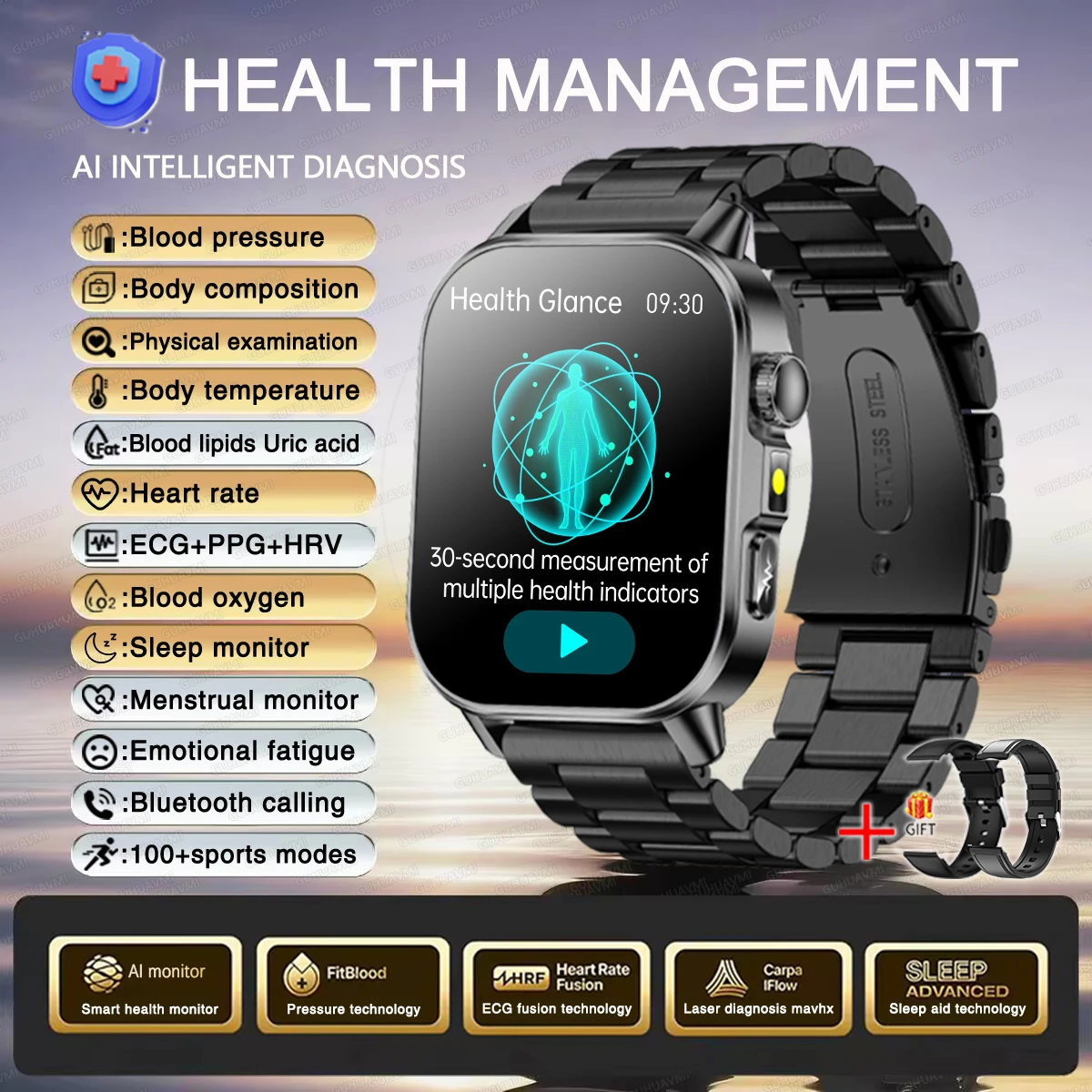 Smartwatch damski zdrowotny EKG HRV ciśnienie tleniowanie krwi Fioletowy