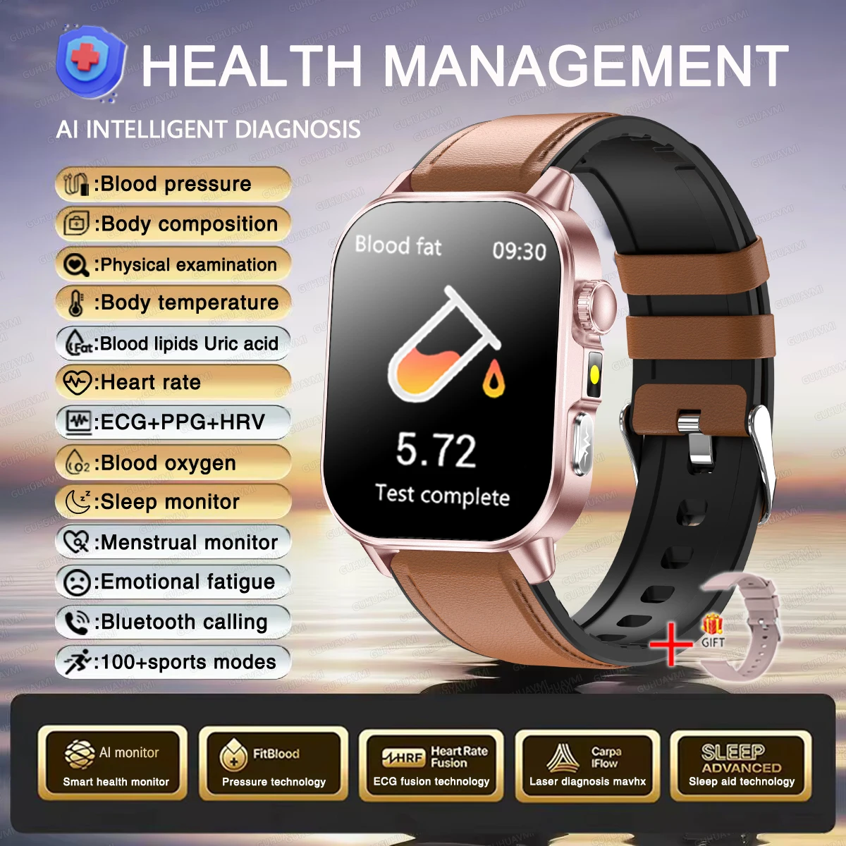Smartwatch damski zdrowotny EKG HRV ciśnienie tleniowanie krwi Niebieski