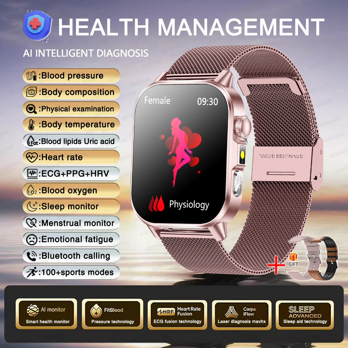 Smartwatch damski zdrowotny EKG HRV ciśnienie tleniowanie krwi Różowy