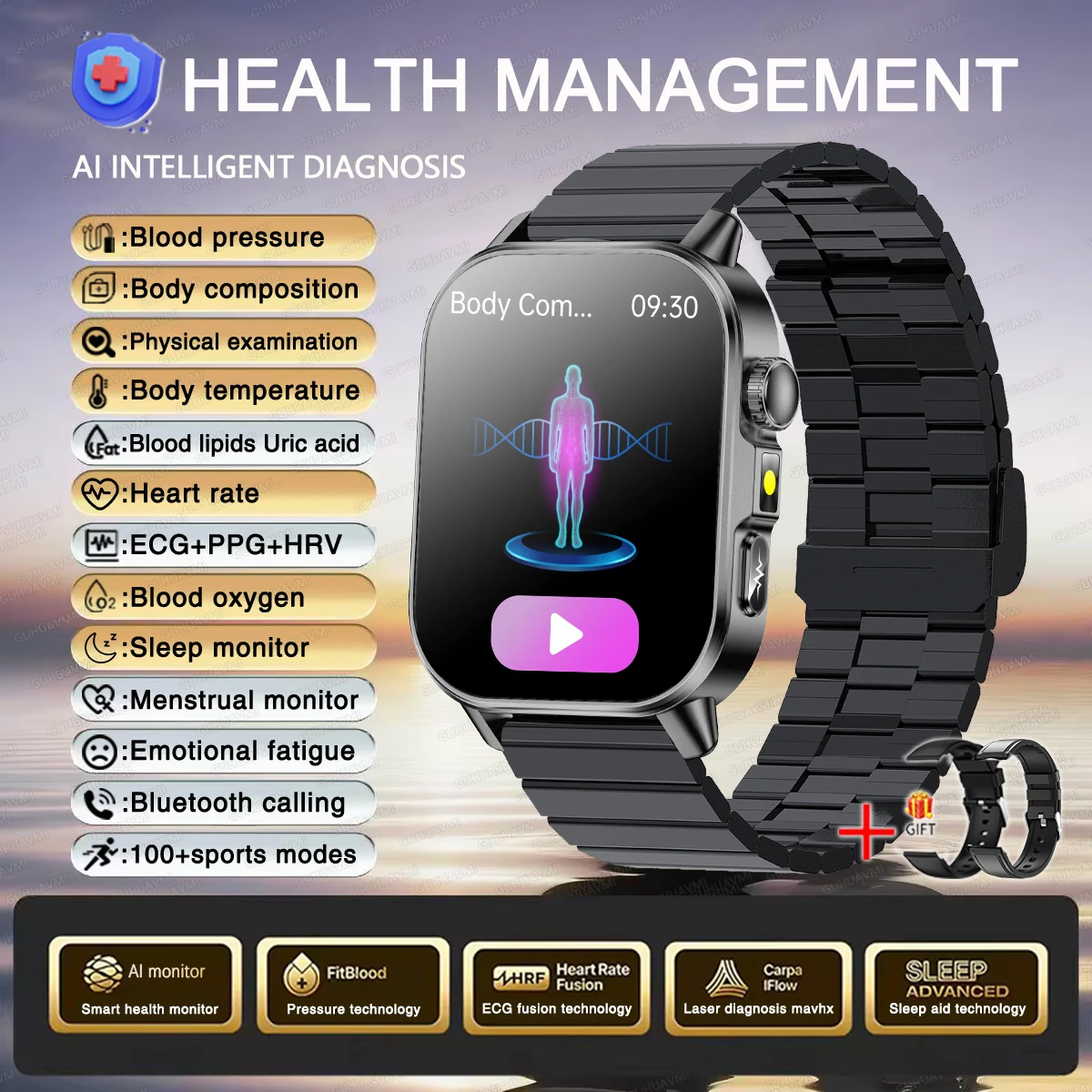 Smartwatch damski zdrowotny EKG HRV ciśnienie tleniowanie krwi Srebrny