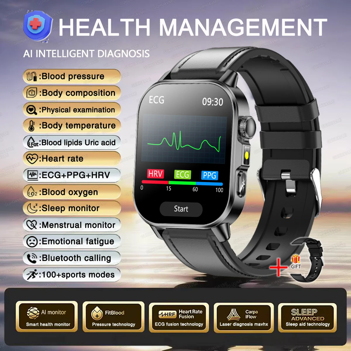 Smartwatch damski zdrowotny EKG HRV ciśnienie tleniowanie krwi Wielo