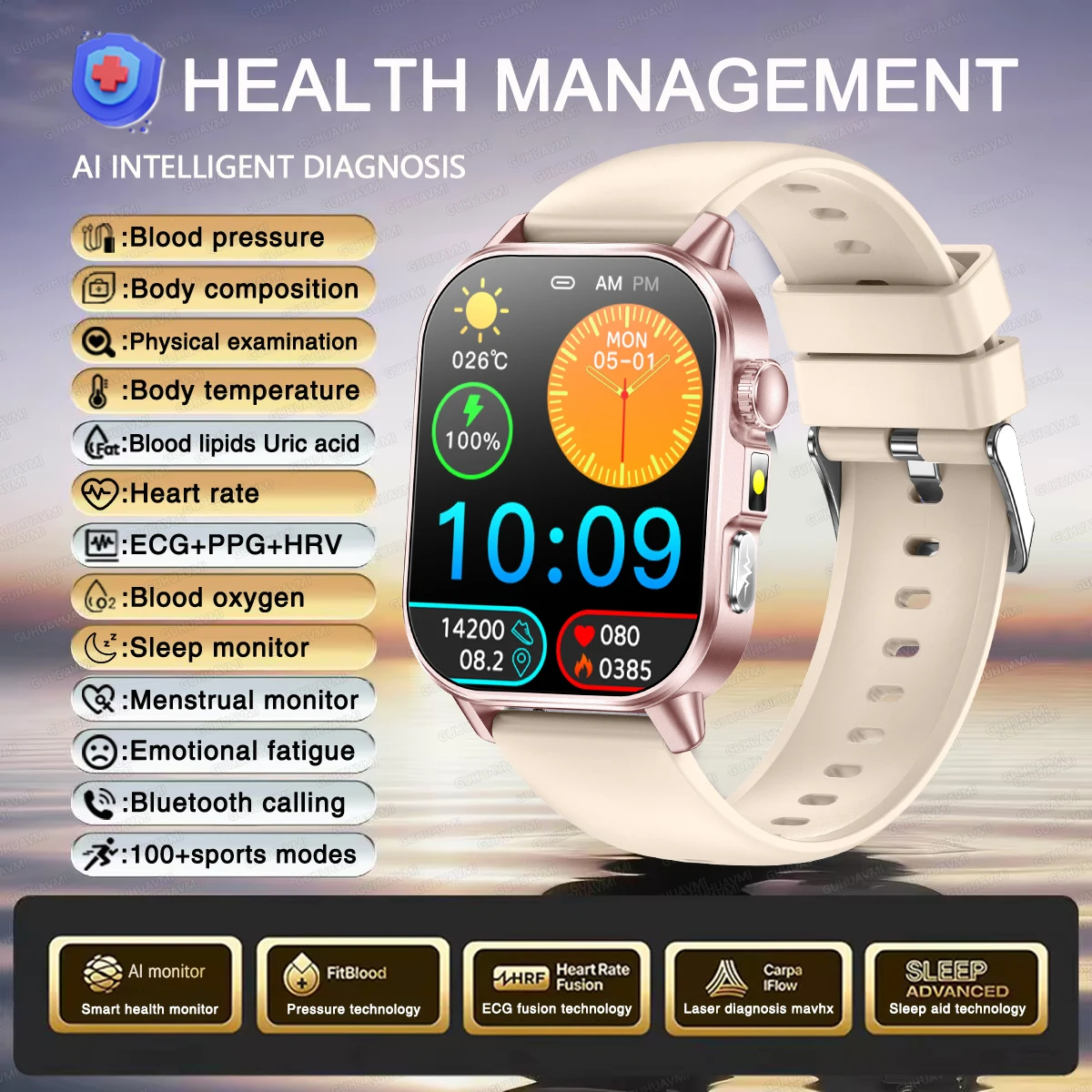 Smartwatch damski zdrowotny EKG HRV ciśnienie tleniowanie krwi Zielony