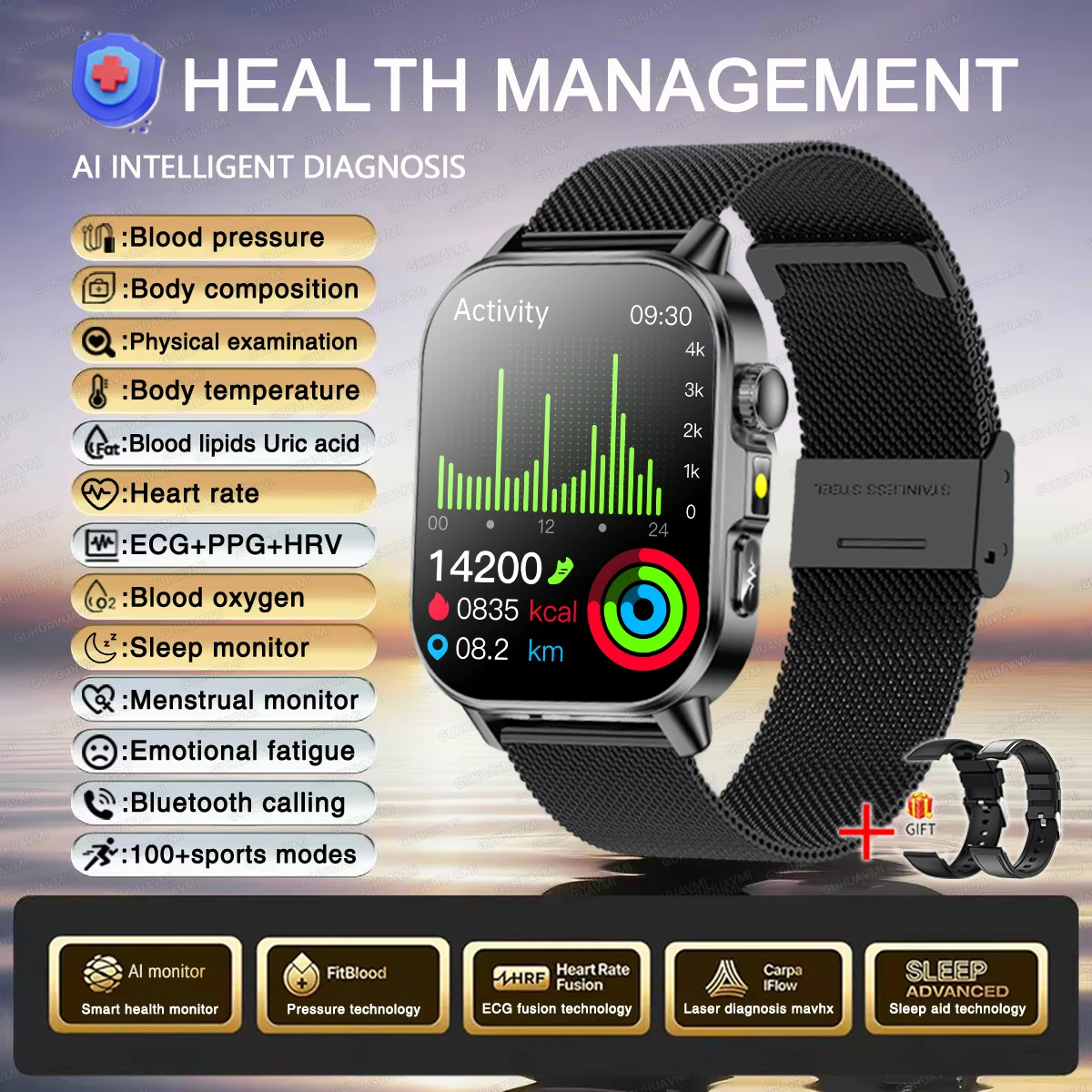 Smartwatch damski zdrowotny EKG HRV ciśnienie tleniowanie krwi żółty
