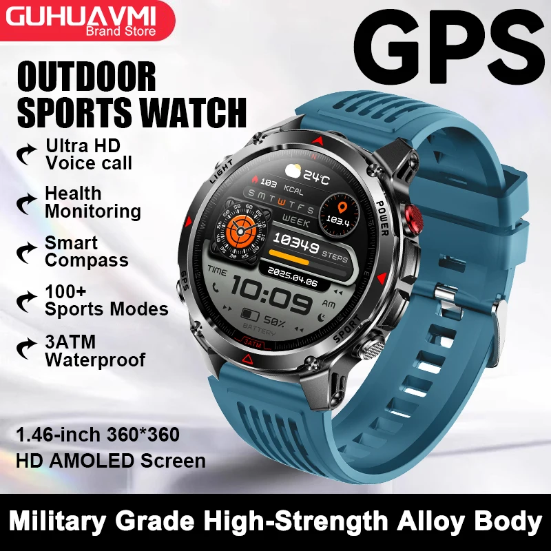 Smartwatch z GPS, NFC i kompasem AMOLED unisex Niebieski